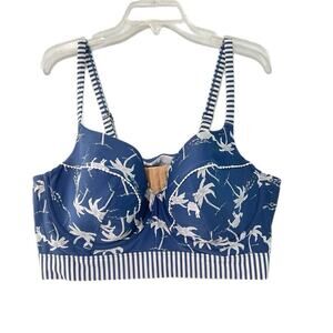 Swim By Cacique Bikini Top 44DD Blue White Tropical Palms Supportive Resort Sexy